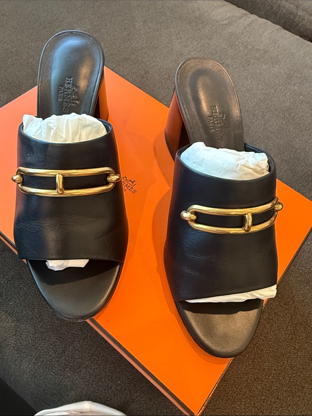 Hermes Black Leather Mules with Gold Horsebit